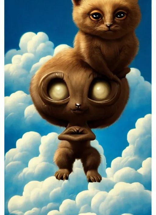 Prompt: cute animal creature toy, in clouds, big eyes, portrait by greg hildebrandt, studio lighting, muted colors, by terry richardson, by frank frazetta, extreme detail, reflections, trending on artstation, 8 k