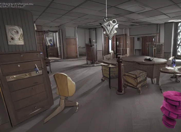 Image similar to kingdom hearts inspired stanley parable office backrooms, creepy but colorful render, intricate detail, castle oblivion, normal workplace office, uhd