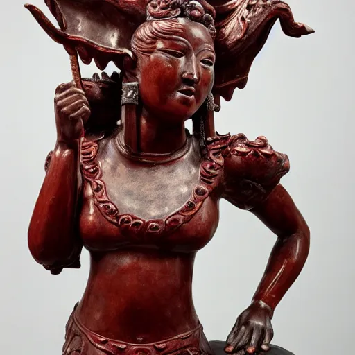 Image similar to museum angeline joile portrait statue monument made from chinese porcelain brush face hand painted with iron red dragons full - length very very detailed symmetrical well proportioned