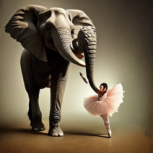 Image similar to an elephant is wearing a tutu next to a ballet dancer, greg rutkowski