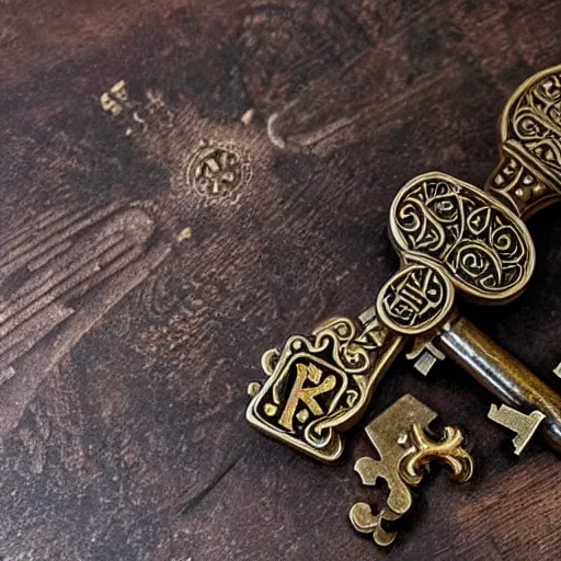 Image similar to a large ornate key with gems and engraved runes, next to a candle on a rough wooden dungeon table, very dark, candlelig, d & d, photo