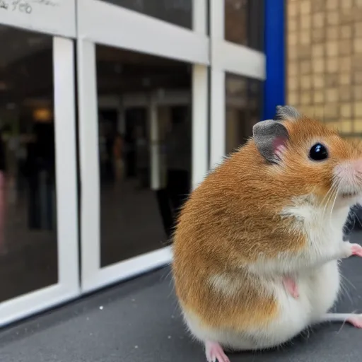 Image similar to photo of a hamster, outside a cinema, various poses, unedited, soft light, sharp focus, 8 k