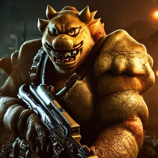 Prompt: Bowser!! as Bowser!! in 'Gears of War', splash art, movie still, cinematic lighting, detailed face, dramatic, octane render, long lens, shallow depth of field, bokeh, anamorphic lens flare, 8k, hyper detailed, 35mm film grain