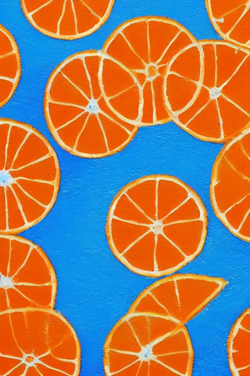 Prompt: a art work of summer ,water,wave , orange and orange slices,blue theme and Yellow accents,Colour composition by Kenya Hara