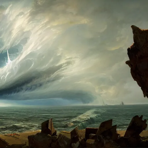 Image similar to Panorama view at a hurricane throwing ruined pieces from an ancient city around, flying island, oil painting, by Greg Rutkowski