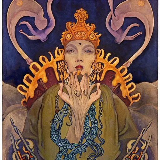 Prompt: the tentacle crown, by Annie Swynnerton and Nicholas Roerich! and (((Diego Rivera))) and (((Edmund Dulac))), bioluminescent skin, tattoos, elaborate costume, geometric ornament, symbolist, rich colors, dramatic lighting, smooth, sharp focus, extremely detailed