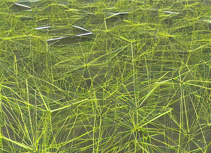 Image similar to meadows inspired by compression algorithms, minimalism, alien plantlife, giant computer-circuitry structures sticking out, low-poly, ray-tracing, 4k, high-quality render, trending on artstation