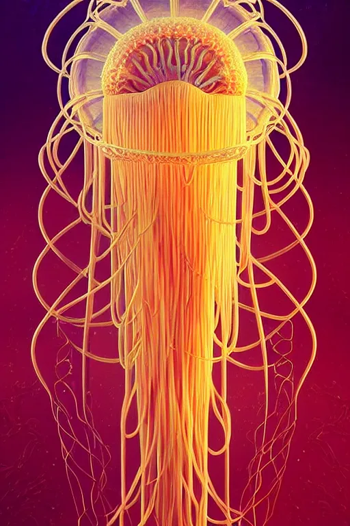 Prompt: beautiful spaghetti jellyfish, ethereal art deco, fantasy, intricate art deco pasta designs, elegant, highly detailed fractals, sharp focus, art by artgerm and beeple and greg rutkowski and wlop