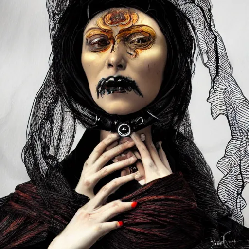 Image similar to portrait of a Shibari rope wrapped face and neck, headshot, insanely nice professional hair style, dramatic hair color, digital painting, of a old 16th century, Black Rubber Nun, amber jewels, baroque, ornate clothing, scifi, realistic, hyper detailed, chiaroscuro, concept art, art by Franz Hals and Jon Foster and Ayami Kojima and Amano and Karol Bak,