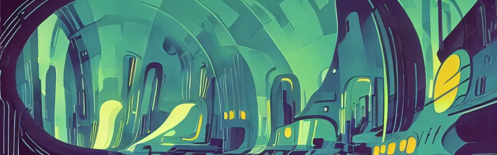 Image similar to 7 0 s sci - fi space station interior, retrofuturism, gouache, trees, animated film, stylised, illustration, by eyvind earle, scott wills, genndy tartakovski