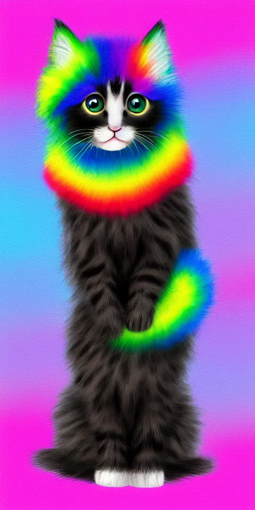 Prompt: cute fluffy rainbow kitten is sitting sweetly while wearing a black jacket, simple background, digital art,