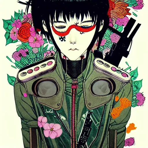 Prompt: prompt: Fragile portrait of singular persona covered with flowers and bullets illustrated by Katsuhiro Otomo, inspired by Ghost in Shell and 1990 anime, smaller cable and cyborg parts as attributes, eyepatches, illustrative style, intricate ink and guache painting detail, manga and anime 1990