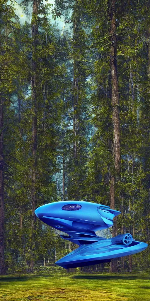Prompt: a photorealistic detailed image of a blue spaceship!!! highly detailed with ethereal light in a forest , giant threes, photorealistic, octane render, 4k, specular light, shallow depth of field, concept art, artstation, highly detailed, art by canaletto, hajime sorayama, john salminen, ivan shishkin, kim keever and ash thorp,, hyper detailed, volumetric light