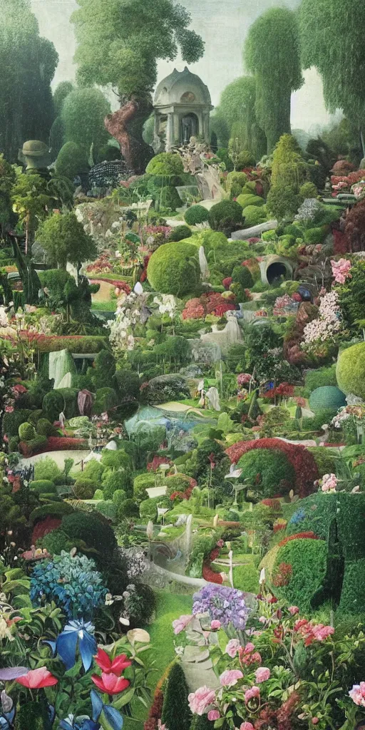 Image similar to bosch and beeple painting of a magnificent garden, incredible details