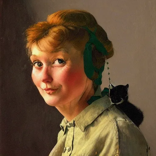 Prompt: Front portrait of a woman who cleverly uses casual clothing to look like a cat. A painting by Norman Rockwell.