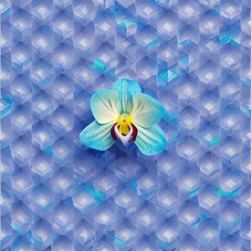 Image similar to isometric perspective icon of a cattleya orchid in monochromatic light blue reflective metallic iridescent material, 3 d render on dark background