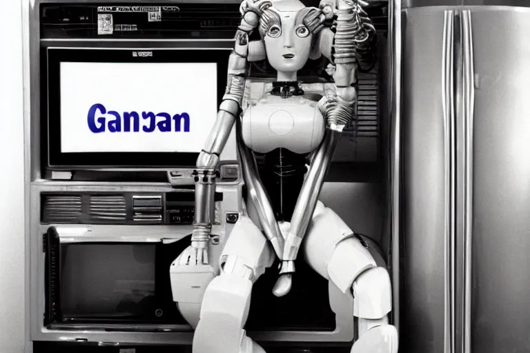 Image similar to beautiful woman robot sitting inside of a galaxy fridge, from 1985, bathed in the glow of a crt television, crt screens in background, low-light photograph, in style of