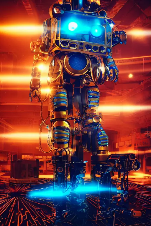 Prompt: portrait photo of a giant huge golden and blue metal humanoid steampunk robot, television camera on the shoulder, with gears and tubes, eyes are glowing red lightbulbs, shiny crisp finish, 3 d render, 8 k, insaneley detailed, fluorescent colors, background is multicolored lasershow