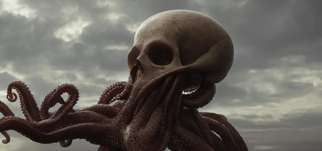 Prompt: an octopus in the shape of a skull surrounded by clouds at noon, foggy, cinematic shot, photo still from movie by denis villeneuve, wayne barlowe