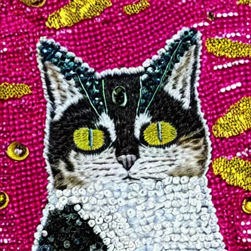 Image similar to a photo of a cat embroidered with sequins