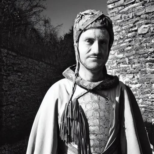 Image similar to Medieval squire with medieval clothes. Standing in the mud. Face closeup. Black & White photo.