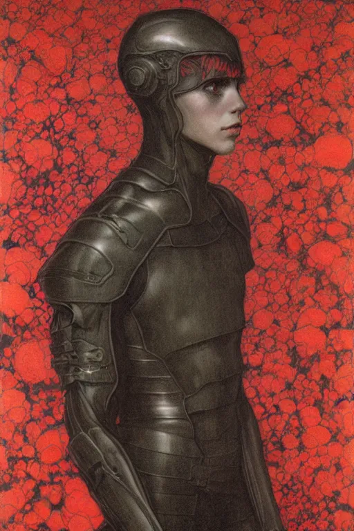 Image similar to portrait of beautiful gothic young man, thunderstorm, cyber armor, a lot of scars, more and more flowers, red head, the middle ages, highly detailed, artstation, illustration, art by jean delville, 8 k quality, art by greg gandy