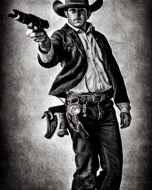 Image similar to portrait of cowboy holding realistic detailed colt revolver, black and white polaroid, western, high production value, intricate details, high resolution, hyperrealistic, hdr, high definition, award winning photography, masterpiece, ultra realistic, highly detailed, hd, sharp focus, cinematic lighting, shaded, non blurry, sharp, smooth