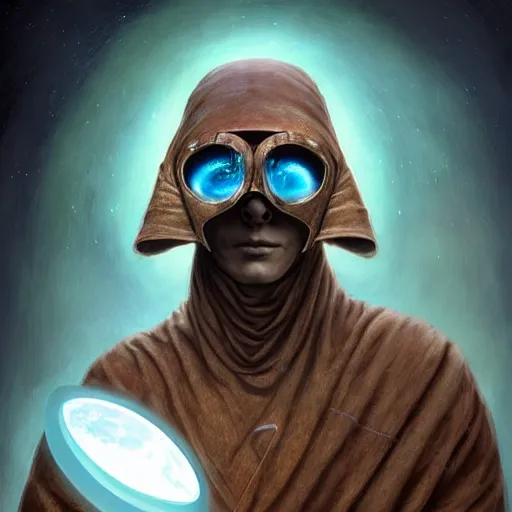 Image similar to masked nomad male wearing a cloak on an alien world and holding a holographic planet projection in his hand, detailed, sci - fi, digital painting, artstation, sharp focus, illustration, ominous, artgerm, tomasz alen kopera, peter mohrbacher, donato giancola, joseph christian leyendecker, wlop, frank frazetta