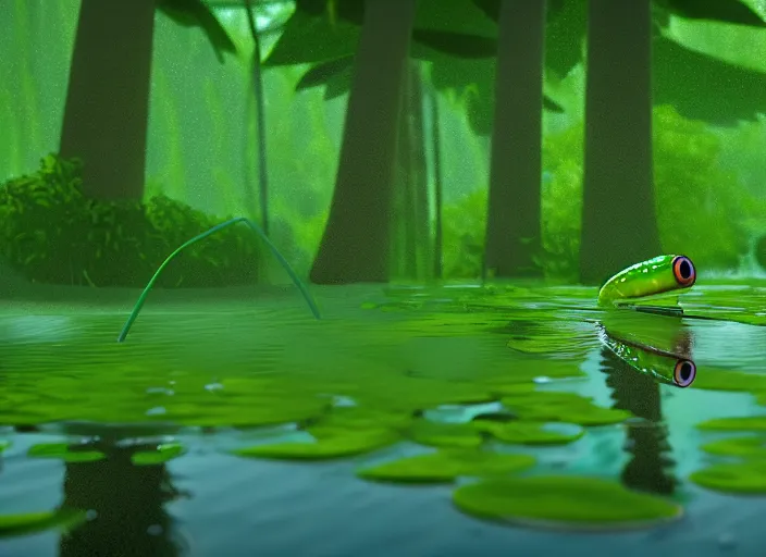 Image similar to a tadpole in a pond, vaporwave, foresty background. raining, 15mm. in the style of studio ghibli, Very detailed 8k. Sharp. Cinematic post-processing. Unreal engine. Nanite. Ray tracing. Parallax. Tessellation