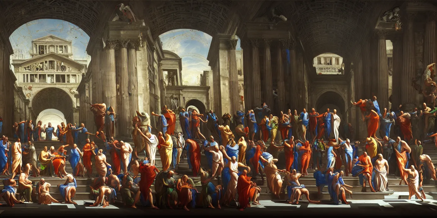 Prompt: the school of athens paiting, cyberpunk, hyper detailed, neon, concept art, award winning concept art