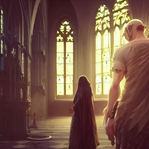 Prompt: angel protecting man who is praying inside a gothic church by Stanley Artgerm Lau, WLOP, Rossdraws, James Jean, Andrei Riabovitchev, Marc Simonetti, Yoshitaka Amano, ArtStation, CGSociety, highly detaild 4K, cinematic style, studio light