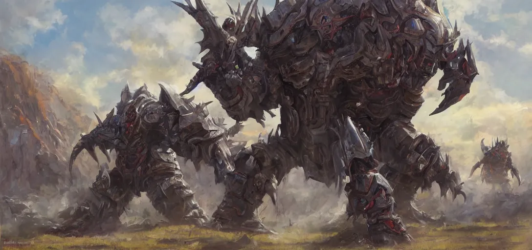 Prompt: oil painting of lone giant orc in futuristic armor roars as it steps over it's fallen enemy's bodies, boris vallego