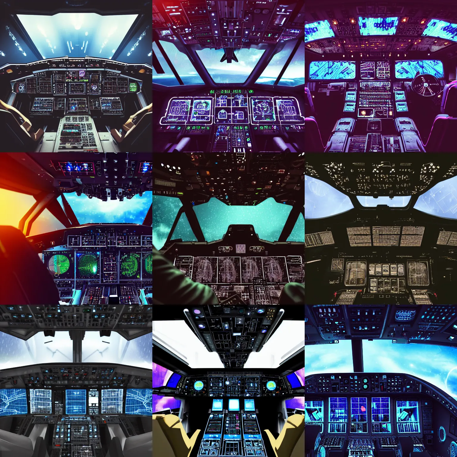 Prompt: ultra realistic photograph of the cockpit of a spaceship with screens switches and lights, sci-fi, steampunk, futuristic, raining outside