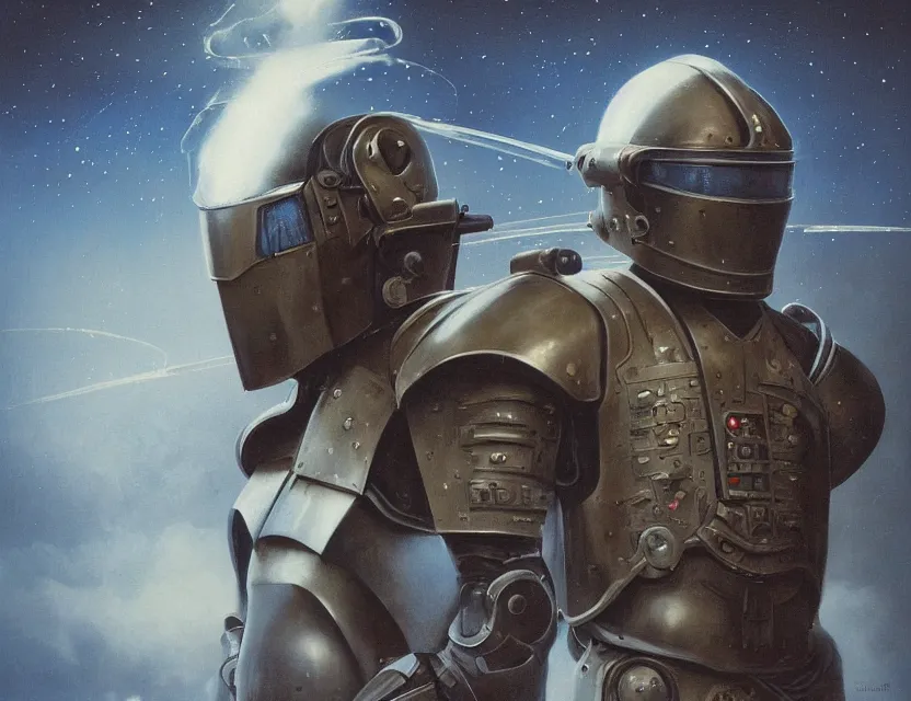 Image similar to a detailed portrait painting of a lone bounty hunter wearing combat armour and a reflective visor. Dieselpunk elements. Movie scene, cinematic sci-fi scene. Flight suit, cloth and metal, accurate anatomy. Samurai influence, knight influence. fencing armour. portrait symmetrical and science fiction theme with lightning, aurora lighting. clouds and stars. Futurism by moebius beksinski carl spitzweg moebius and tuomas korpi. baroque elements. baroque element. intricate artwork by caravaggio. Oil painting. Trending on artstation. 8k