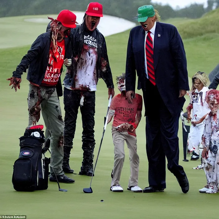 Prompt: zombie kid rock bites an angry donald trump. on the golf course in rainy weather