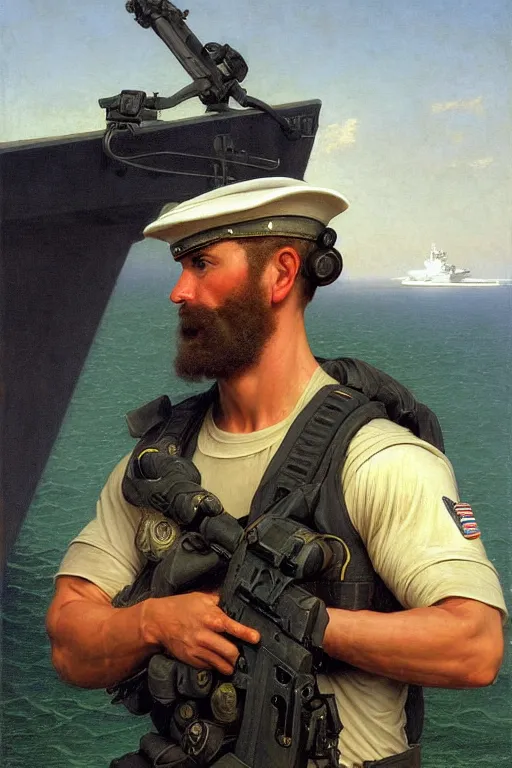 Prompt: portrait of a us navy seal, majestic, on aircraft carrier, fine art portrait painting, strong light, clair obscur, by bouguereau