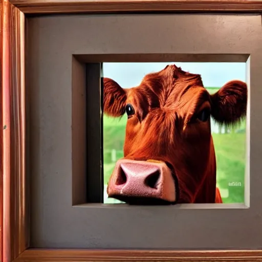 Image similar to a cow working in Mcdonald's, award-winning photograph, warm colors