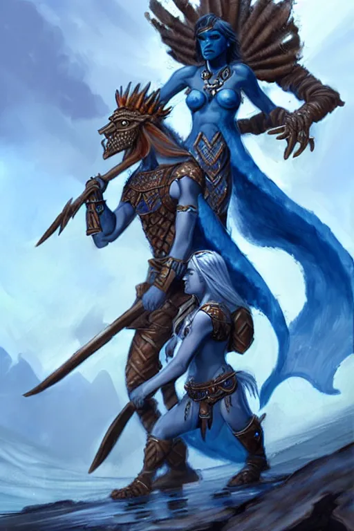 Image similar to a small blue-skinned triton girl wearing scale armor riding on a the shoulders of a large male goliath wearing fur and leather armor, dnd concept art, painting by keith parkinson