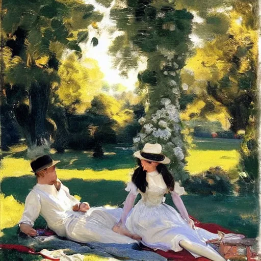 Image similar to a young man and woman sitting in a beautiful garden on a picnic blanket on a hot summers day laughing, john singer sargent style, 4 k, beautiful, elegant, vintage