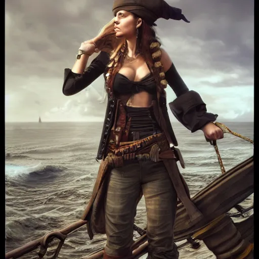 Image similar to hyperrealistic mixed media high resolution image of a female pirate, stunning 3d render inspired art by István Sándorfi and Greg Rutkowski and Unreal Engine, perfect symmetry, dim volumetric lighting, 8k octane beautifully detailed render, post-processing, extremely hyper-detailed, intricate, epic composition, highly detailed attributes, highly detailed atmosphere, full body shot, cinematic lighting, masterpiece, trending on artstation, very very detailed, masterpiece, stunning, flawless structure, lifelike texture, perfection,