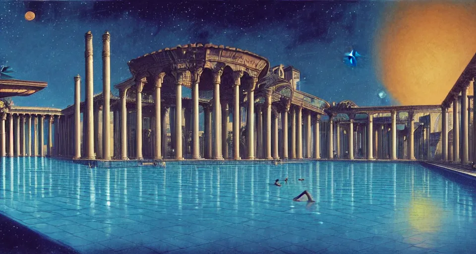 Prompt: a large tiled swimming pool with many palm trees surrounded by roman architecture columns and statues, underneath a star filled night sky, harold newton, zdzislaw beksinski, donato giancola, warm coloured, gigantic pillars and flowers, maschinen krieger, beeple, star trek, star wars, film, atmospheric perspective