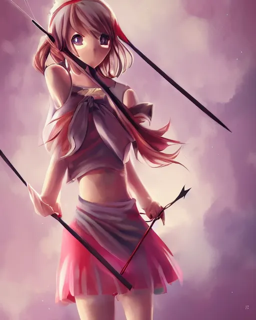 Image similar to anime girl with a bow and arrow, artstation trending, concept art, digital painting