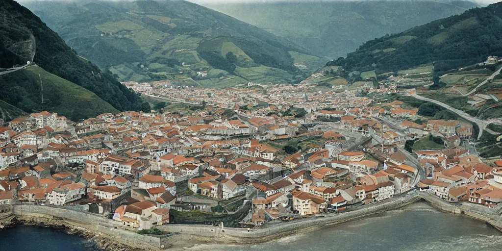 Prompt: aerial view of the village of zumaia in the basque country, 1 9 7 8, kodachrome