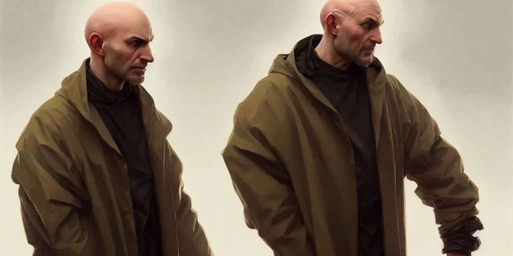 Image similar to european ( ( ( ( bald man ) ) ) ) dressed in raincoat, male, clear face, masculine, upper body, highly detailed, digital painting, artstation, concept art, matte, sharp focus, illustration, art by artgerm and greg rutkowski and alphonse mucha