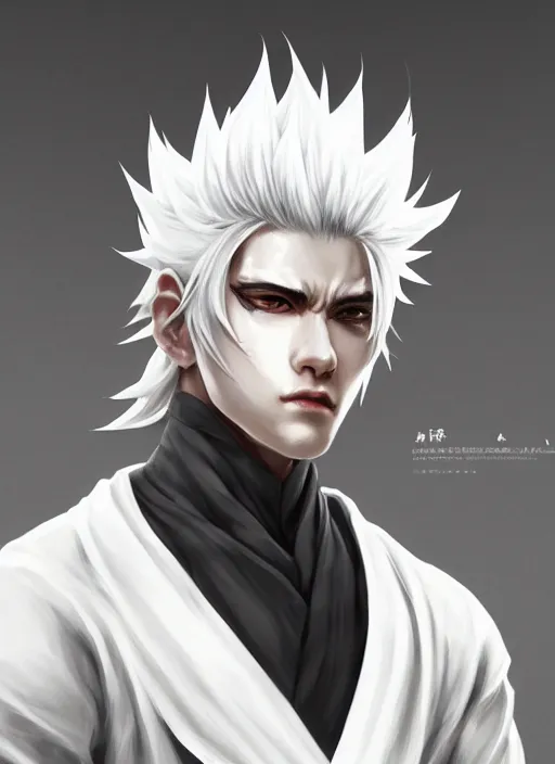 Image similar to a highly detailed illustration of fierce white haired attractive young japanese man wearing white hakama, black eyes, dramatic serious pose, muscular, intricate, elegant, highly detailed, centered, digital painting, artstation, concept art, smooth, sharp focus, league of legends concept art, wlop