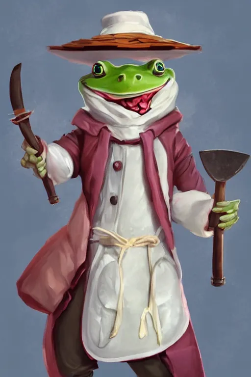 Image similar to cute anthropomorphic frog wearing a white butcher coat with a white butcher hat and holding a cleaver, cutting a wipe red watermelon, tiny, small, miniature frog, baby animal, short, pale blue armor, cute and adorable, pretty, beautiful, DnD character art portrait, matte fantasy painting, cgsociety Artstation, by Jason Felix by Steve Argyle by Tyler Jacobson by Peter Mohrbacher, cinematic lighting