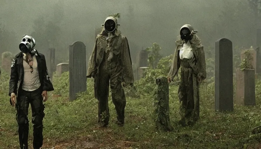 Prompt: 80s movie by James Cameron about a overgrown cemetery where a lavishly dressed necromancer priest in a gas mask