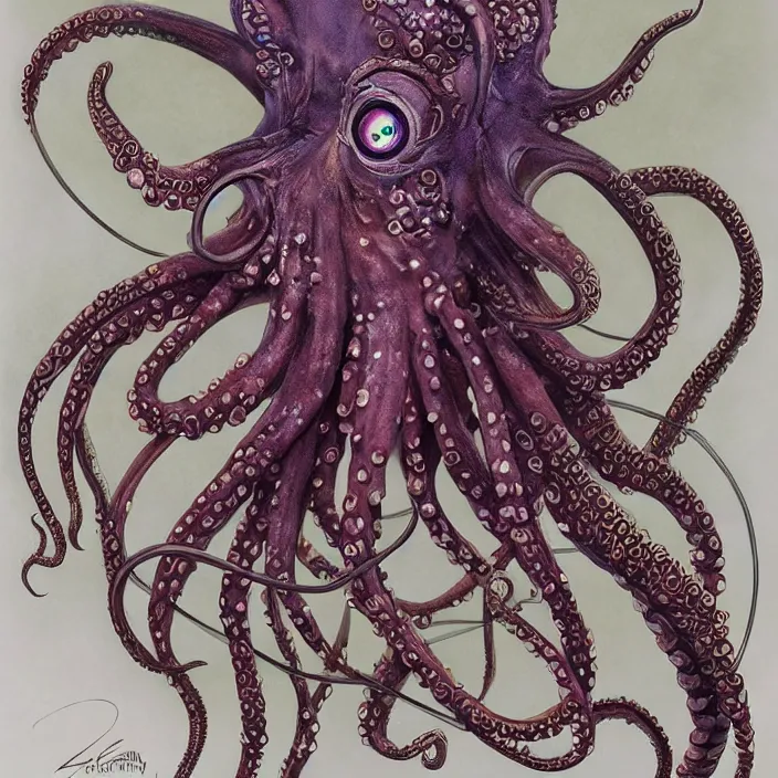 Prompt: beautiful and exotic octopus queen bust portrait, glowing big eyes, art nouveau declotage, perfect symmetrical facial features, hyperrealistic bone structure, extremely hyperdetailed, mixed media painting, unreal engine, 8 k, octane, 8 mm, by travis charest, rodney matthews and chris achilleos