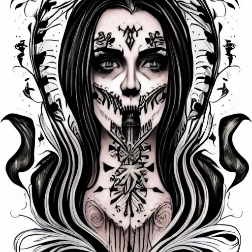 Prompt: a tattoo illustration of young woman with horse face, gothic style, skulls are lying underneath