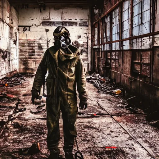 Image similar to film still of a man wearing post apocalyptic clothes and a gas mask inside a rusty factory, low angle dramatic